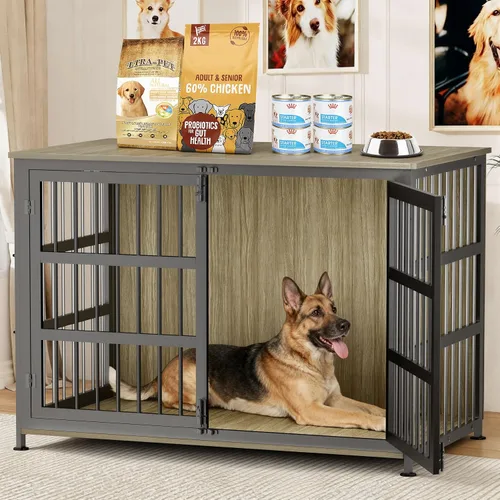 Vista 8 de Jaula para perros de 26 pulgadas, jaulas para perros de razas grandes, jaulas para perros interiores de madera, mesa auxiliar, jaula combinada