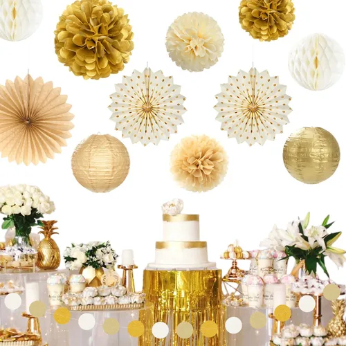 Vista 5 de Beige-Gold Happy Retirement Party Decorations Banner Women Men Huglony 21pcs Retiree Farewell Banner,Streamers,Paper Lanterns,Pom Poms Fans,Work