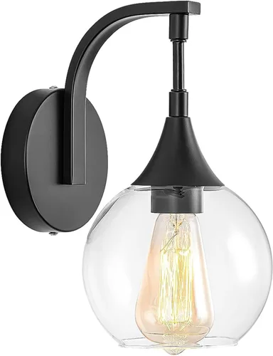 Vista 10 de Juego de dos apliques de pared negros, lámpara de pared moderna con pantalla de vidrio transparente, accesorios de iluminación de tocador de baño
