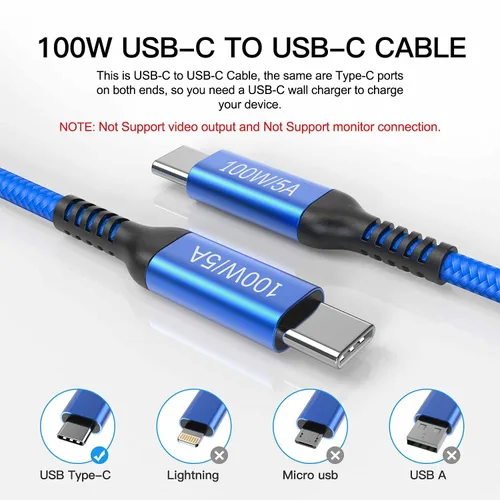 Vista 4 de Cable tipo C a tipo C de 100 W, 6.6 ft, 2 unidades, carga rápida de 5 A, cable de alimentación USB C para iPhone 15, iPad Mini 6, iPad Pro 12.9 11