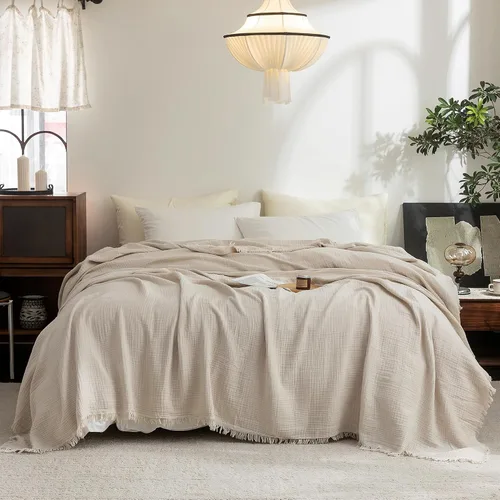 Vista 35 de FOSSA Manta de Muselina con Flecos - Gasa de Algodón 100% de 4 Capas Súper Suave y Transpirable - Manta Decorativa Ligera y Refrescante para Cama