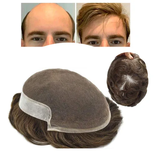 Vista 17 de Tupé de encaje suizo para hombres, piezas de cabello humano real, encaje frontal, sistema de reemplazo de cabello tipo tupé, nudo blanqueado, línea