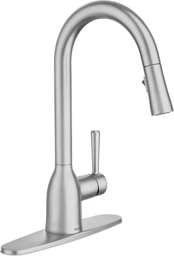 Vista 16 de Moen Adler Grifo de fregadero de cocina cromado de un solo mango con arco alto y fuerza de limpieza, llave de cocina moderna con rociador extraíble