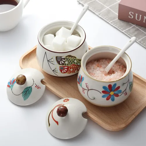 Vista 5 de Azucareros de porcelana Juego de 2 azucareros de cerámica con tapa y cuchara, tarro de almacenamiento de azúcar, recipiente dispensador de azúcar