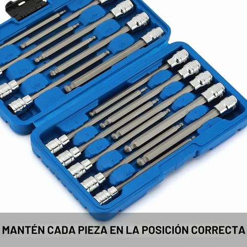 Vista 5 de EMENTOL Juego de 18 piezas de 3/8" de impulsión con punta hexagonal de bola larga, CR-V, acero S2, SAE/métrico, juego de llaves Allen extra largas