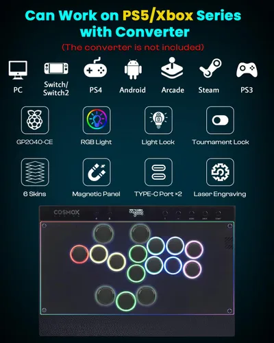 Vista 8 de Sehawei Haute42 C16 Leverless Arcade Controller - Magnetic Detachable Panel for DIY Art, RGB Button Rims, Tournament Lock Switch - Compatible with