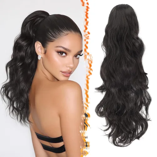 Vista 13 de BARSDAR Extensiones de cola de caballo con clip de garra, extensiones de cabello corto ondulado negro de 14 pulgadas para mujer, extensiones