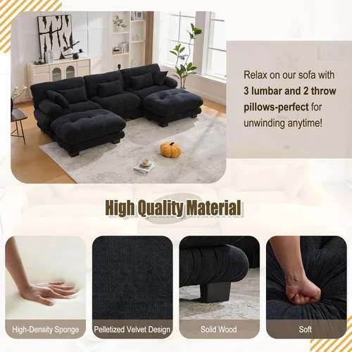 Vista 4 de Sofá modular en forma de U de 118 pulgadas con 2 otomanas, sofá de nube de terciopelo peletizado con almohadas de apoyabrazos de refuerzo, cómodo