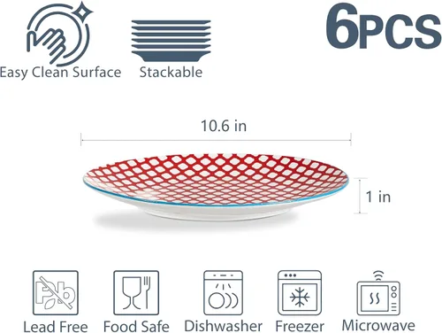Vista 6 de ONEMORE - Juego de 6 platos de cena coloridos, platos de ensalada de porcelana de 10.5 pulgadas - Platos de cerámica grandes aptos para microondas
