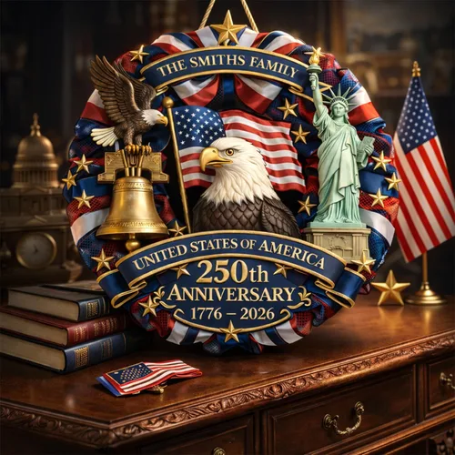 Vista 3 de NAZENTI Letrero personalizado para puerta del 4 de julio con nombre familiar, coronas de puerta personalizadas para 250 aniversario de Estados