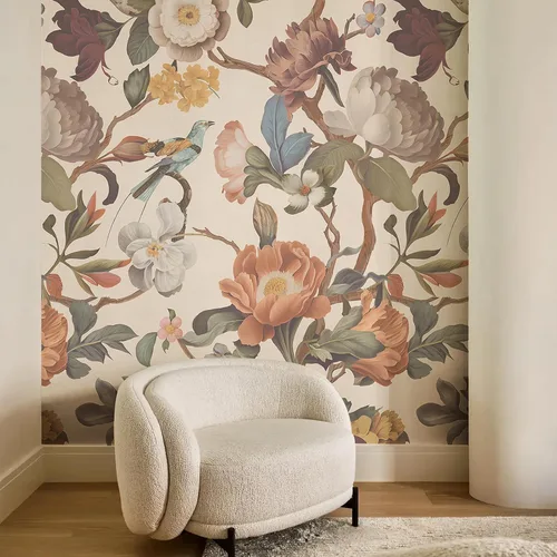 Vista 3 de Zeeko - Mural de papel pintado floral de despegar y pegar, papel pintado de flores beige para dormitorio, fondo de TV, murales de pared grandes
