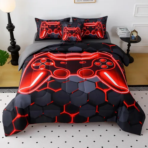 Vista 22 de JQinHome - Juego de edredón Gamer individual para niños y niñas, juego de cama en una bolsa de 6 piezas con diseño de videojuego 3D - Juego de ropa