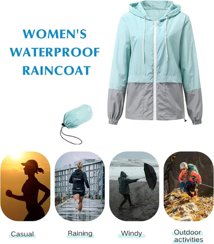 Vista 5 de Century Star Chubasqueros ligeros para mujer, chaqueta rompevientos impermeable para mujer, abrigo impermeable plegable con capucha
