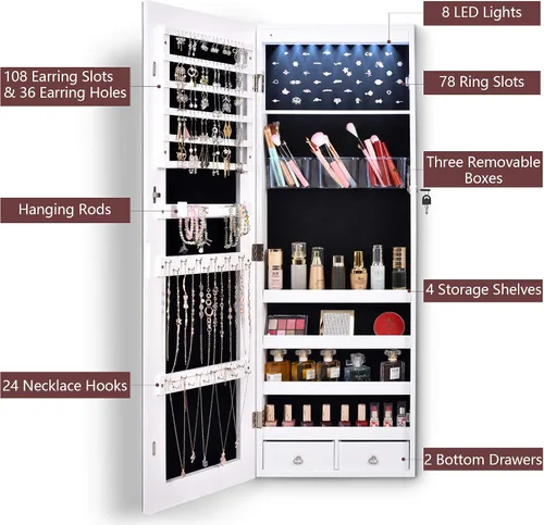 Vista 3 de LVSOMT 8 LED Organizador de joyas con espejo de cuerpo completo armario de almacenamiento montado en la paredpuerta joyero con cerradura con 2