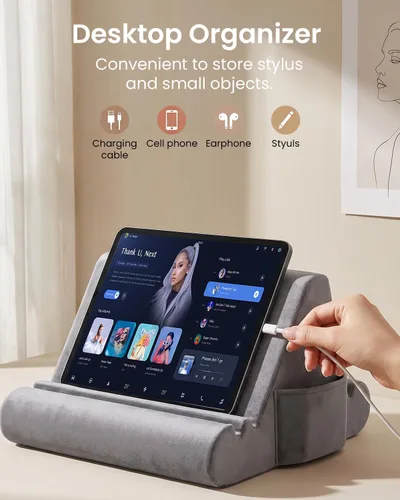 Vista 3 de CreaDream Soporte de almohada para tableta, almohadilla suave para regazo, soporte para tablet para cama con 3 ángulos de visión, bolsillo, soporte