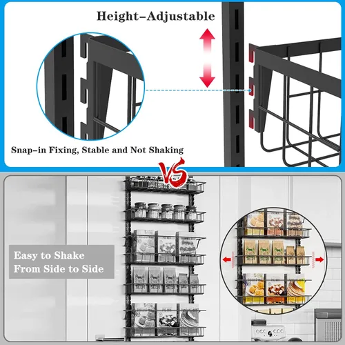 Vista 3 de Organizador de despensa sobre la puerta, cestas de metal ajustables de 8 niveles, estante de especias colgante, negro