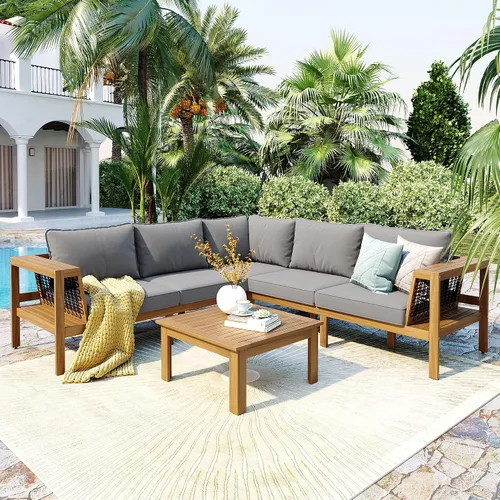 Vista 13 de Juego de 4 muebles de patio al aire libre, sofá seccional de madera de acacia con asiento cojines beige, asiento de conversación seccional