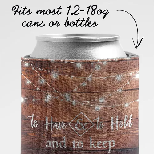 Vista 3 de Enfriadores de latas de boda personalizados "para tener y sostener y mantener tu bebida fría" nombres personalizados de novia y novio + fecha