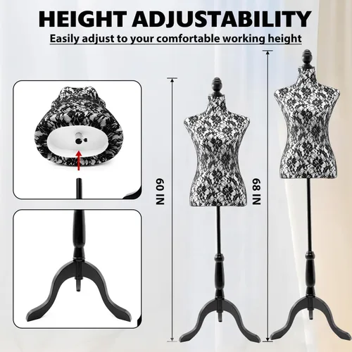 Vista 2 de Torso de maniquí hembra ajustable con base de trípode para exhibición (negro)