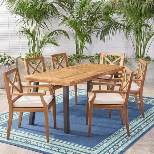 Vista 3 de Christopher Knight Home Justin Outdoor - Juego de comedor de madera de acacia, 7 piezas, acabado de teca, metal rústico, crema