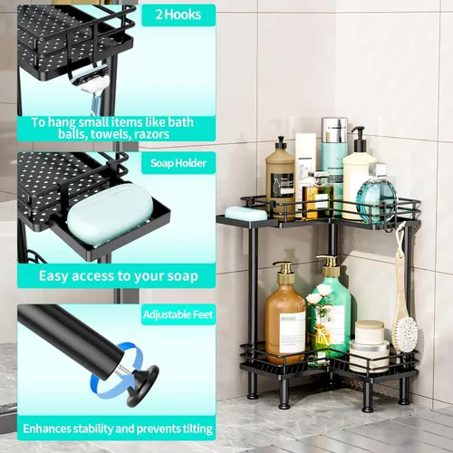 Vista 2 de HapiRm Organizador de ducha esquinero de pie, organizador de ducha de 2 niveles con soporte para jabón, organizador de pie de baño a prueba de óxido
