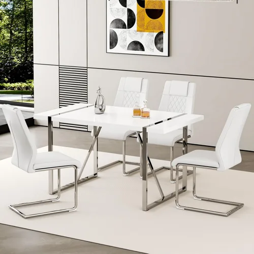Vista 25 de Juego de mesa de comedor moderna de 55 pulgadas para 4, mesa de comedor negra y marco de metal dorado, mesa de comedor rectangular con 4 sillas