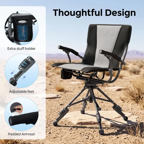 Vista 8 de ALPHA CAMP Silla plegable de caza giratoria con persianas de caza, asiento de caza silencioso de 360 grados con 4 patas ajustables de altura