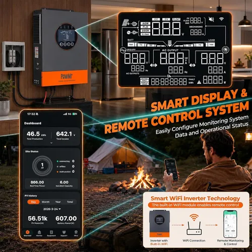 Vista 5 de PowMr Inversor solar híbrido de 4000 W, 24 V CC a 120 V CA, inversor de corriente de onda sinusoidal pura con controlador de carga MPPT de 100 A