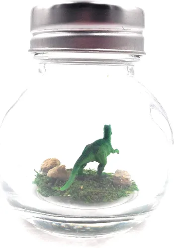 Vista 3 de Mini escritorio de dinosaurio de 1 pulgada T-Rex verde para mascotas con certificado de adopción