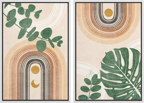 Vista 101 de SIGNFORD Lienzo enmarcado para pared, juego de arte geométrico retro de mediados de siglo, plantas forestales, ilustraciones con formas abstractas