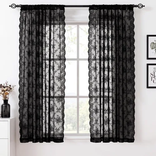 Vista 13 de PONY DANCE Cortinas de encaje transparente negro de 96 pulgadas de largo, 2