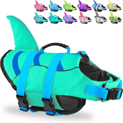 Vista 10 de Chaleco salvavidas para perros de Fragralley Shark, chaleco salvavidas ajustable para perros con aleta de tiburón, adecuado para perros pequeños