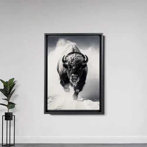 Vista 5 de Lienzo enmarcado para pared, diseño de búfalo de bisonte blanco y negro, animales de paisaje, vida silvestre, arte digital, realismo, decorativo