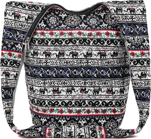 Vista 163 de Bolsa de hombro para mujer, de lona en estilo hippie/bohemio para llevar cruzada al hombro, disponible en diferentes colores y estampados
