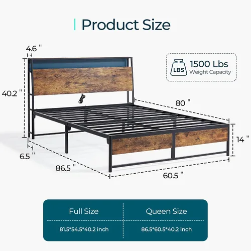 Vista 2 de LINSY Cama Queen con cabecera ergonómica, montaje rápido con luces y estación de carga, cama de plataforma de metal con almacenamiento, marrón