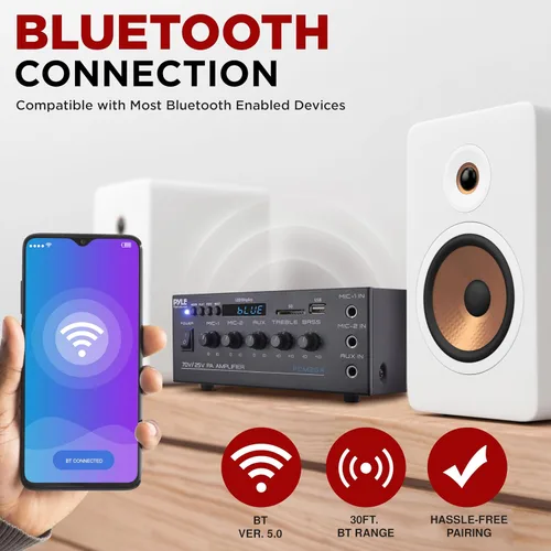 Vista 3 de Pyle Mini amplificador de potencia para el hogar compacto - Receptor estéreo de audio pequeño inteligente de 40 W con micrófono AUX 2 EN
