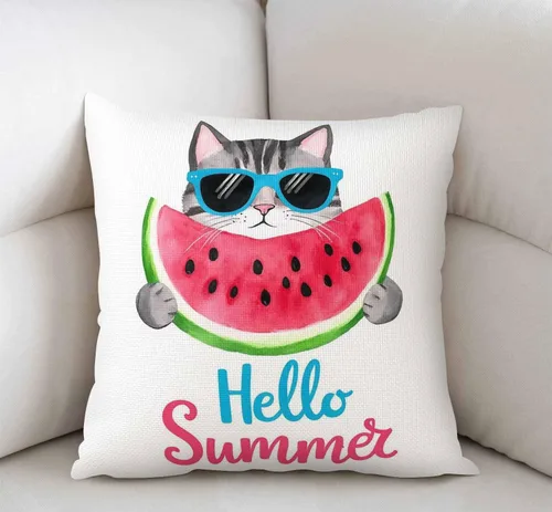 Vista 2 de Swono Hello Summer - Funda de almohada decorativa con diseño de gato en acuarela con lentes de sol comiendo sandía, funda de almohada de lino