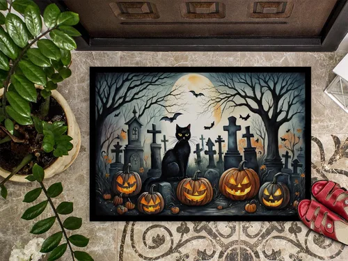 Vista 3 de Caroline's Treasures DAC2223MAT - Felpudo espeluznante de Halloween con gato negro de 18 x 27 pulgadas, tapete para puerta delantera
