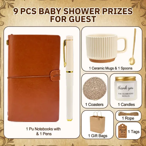 Vista 3 de Premios de baby shower para ganadores de juegos, premios de juegos de baby shower, tazas de cerámica con cucharas de metal, posavasos tejidos