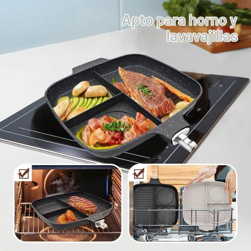 Vista 5 de Sartén Parrilla 3 en 1 para Estufas con Mango Desmontable, Plancha Versátil Antiadherente Dividida, Sartén Cuadrada Libre de PFOA, Negro