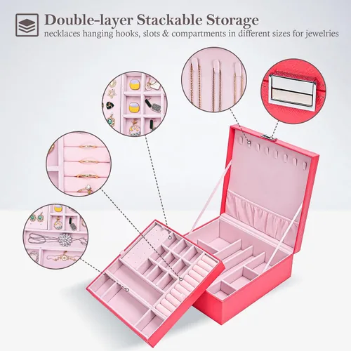 Vista 2 de Joyero para mujeres, niñas, novia, esposa, organizador de joyas de cuero grande, estuche de almacenamiento con dos capas para aretes, pulseras