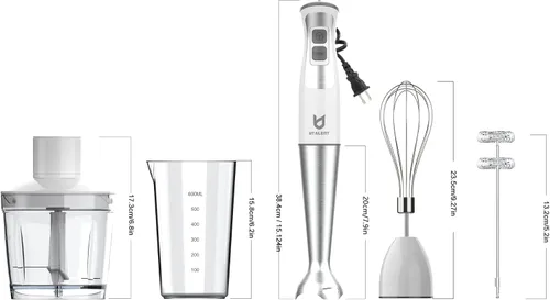 Vista 6 de Batidora de inmersión manual, UTALENT 5 en 1 de 8 velocidades con picadora de alimentos de 500 ml, recipiente de 600 ml, espumador de leche, batidor