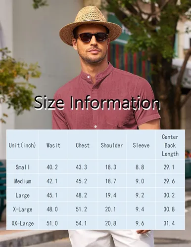 Vista 5 de COOFANDY Camisa de playa con cuello de banda para hombre, camisas de manga corta con botones casuales de lino y algodón