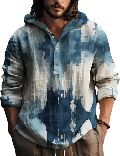 Vista 5 de Sudaderas con capucha para hombre, con estampado de teñido anudado, cuello en V, manga larga, con botones, de gran