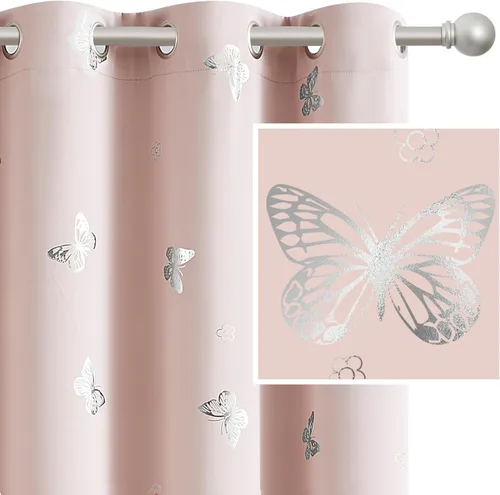 Vista 36 de Jubilantex - Cortinas opacas con diseño de mariposa dorada, 80 % rosa bebé Cortinas opacas 80% rosa lavanda/rosa bebé, estampado de mariposa
