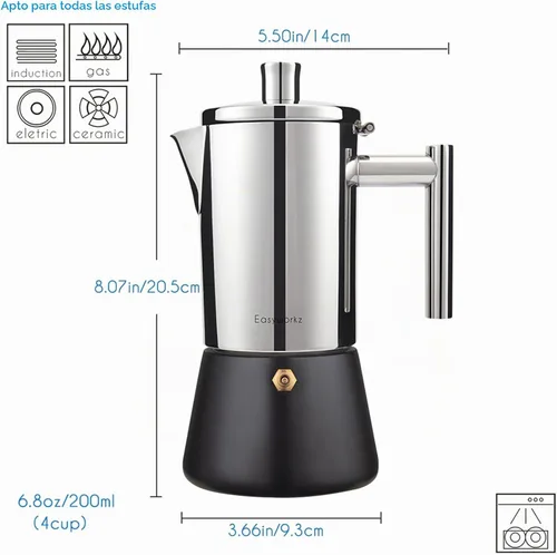 Vista 3 de Easyworkz Diego - Cafetera italiana de acero inoxidable, cafetera italiana, 4 tazas, 6.8 onzas, cafetera moka de inducción Negro
