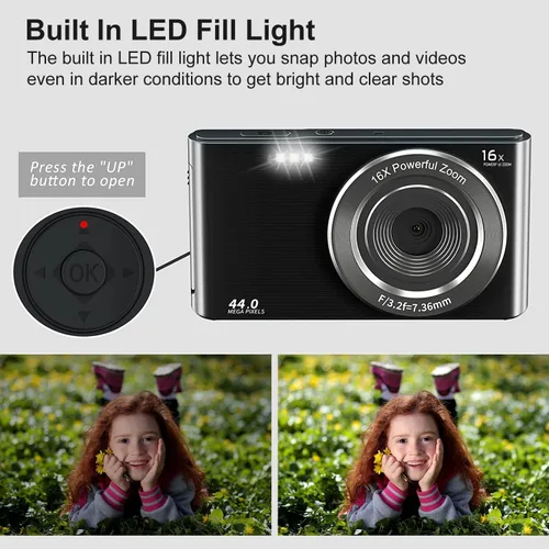 Vista 4 de Cámara digital compacta de 44 MP para apuntar y disparar con tarjeta SD de 32 GB, zoom digital 16X, cámara para niños de 2.4 pulgadas, cámara