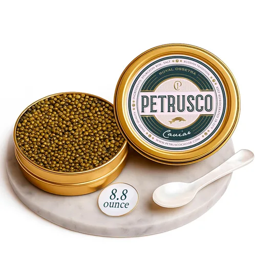 Vista 10 de PETRUSCO Royal Ossetra - Caviar negro de primera calidad, Huevas de pescado de esturión gourmet frescas en una lata de metal sellada, 1.06 oz