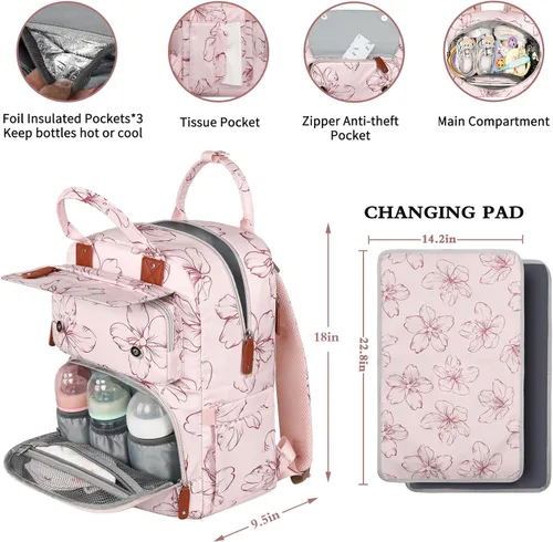Vista 3 de Mochila para pañales, mochila grande para pañales con cambiador portátil, bolsas de pañales para niñas, mochila de viaje floral multifunción