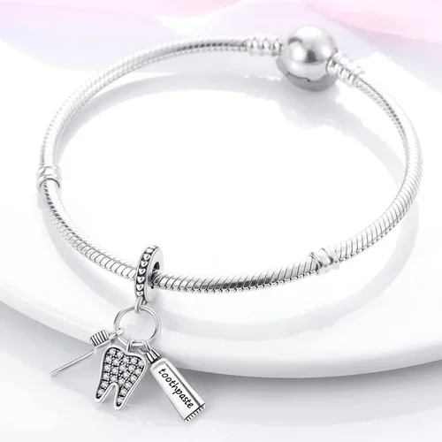 Vista 3 de Encanto colgante de cepillo de dientes sanos para pulsera, Steling Silver Charm, Diente encanto, Pandora Fit Charm, Plata esterlina, No es una